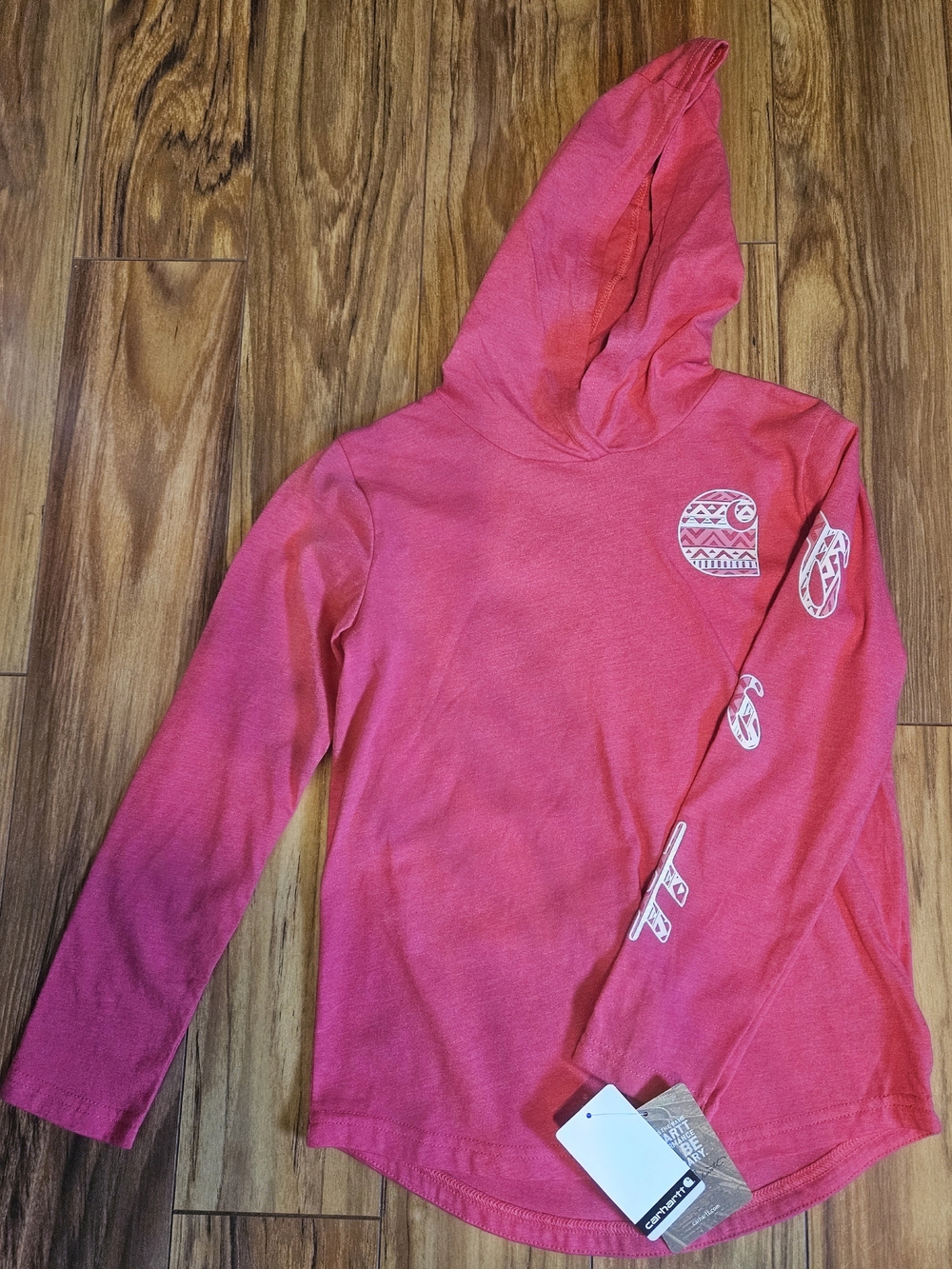 Carhartt Girls Pink Long Sleeve Hooded Tee with White Graphic